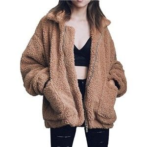 Womens Coat Casual Lapel Fleece Fuzzy Faux Shearling Zipper Coats Warm Winter
